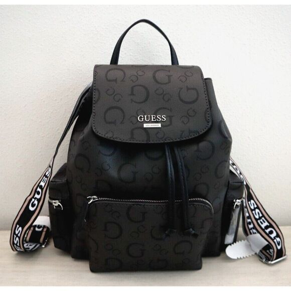 Guess HH889431 Women's Coal/Black Allover Logo Print Abernathy Backpack - Picture 1 of 16